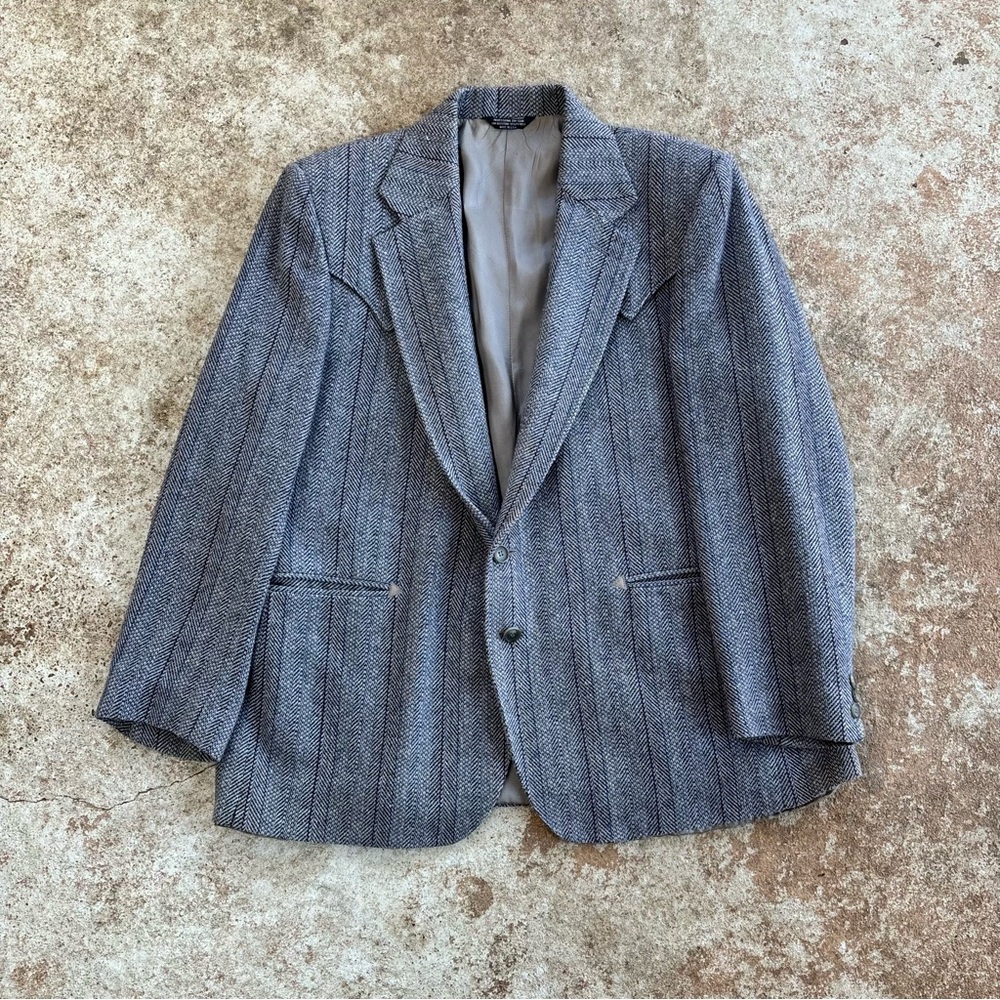 Vtg Tweed Western Blazer Men’s Sz 48 Wool Gray Stripped Herringbone 80s USA Made